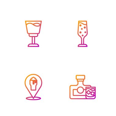 Viski şişesi ve bardak, alkol ya da bira barı yeri, şarap ve şampanya. Renk simgeleri. Vektör.