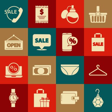 Küpe askısı gardırobunu Parfüm Asma tabelası, Açık Telefon, 24 saat destek, yüzde indirim ve ikon ile doldur. Vektör.