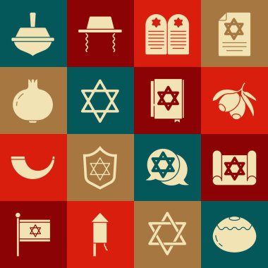 Yahudi pastanesi Tevrat parşömeni Tombstone 'u David Star Pomegranate Hanuka dreidel ve Torah kitap ikonu ile süsleyin. Vektör.
