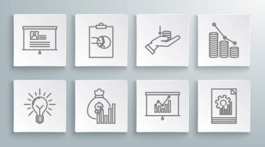 Satır ampulünü ışıltılı ve fikir konseptiyle ayarla. Pano grafiği para çantası şeması. Belge el turtası bilgi ikonu ve devam simgesi. Vektör.