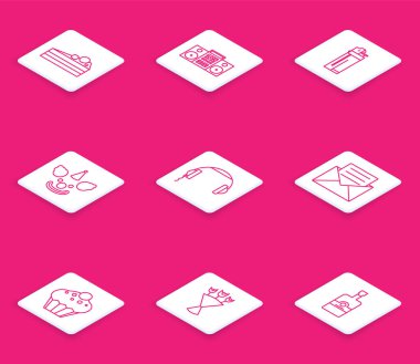 Cake Home stereo 'sunu iki hoparlörlü Lighter Clown kulaklıklı Zarflı davetiye kartı Muffin ve çiçek buketi ikonuyla ayarla. Vektör.