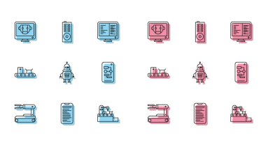 Çizgi Robot Bilgisayar api arayüzü Bot Fabrikası taşıma bandı Algoritma taşıyıcısını karton kutu ve uzaktan kontrol simgesi ile ayarla. Vektör.