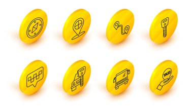 El 'i harita işaretçisine, taksi otobüsü kiralama, anahtar rotası konumu ve pusula simgesiyle yerleştir. Vektör.