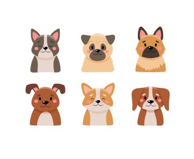 Beyaz arka planda izole edilmiş şirin köpek koleksiyonu.