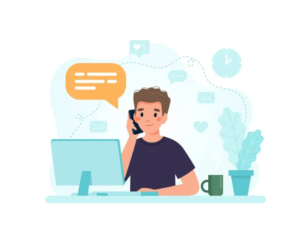 Hombre sentado en un escritorio con computadora respondiendo a una llamada. ilustración en estilo plano —  Fotos de Stock