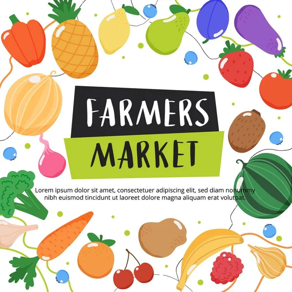 农民市场背景，有水果和蔬菜，手绘字母 — 图库矢量图片