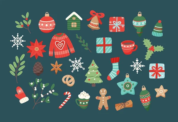 Karácsonyi készlet, aranyos szezonális elemek, vektor illusztráció lapos stílusban — Stock Vector