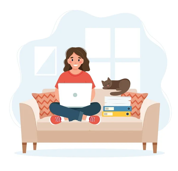 Concepto de oficina en casa, mujer trabajando desde casa sentada en un sofá, concepto de trabajo remoto — Vector de stock