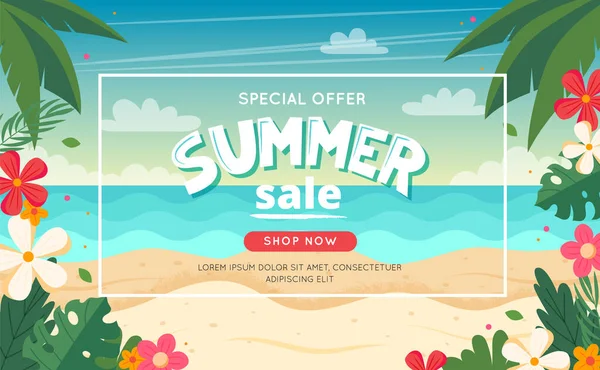 Summer sale banner with beach landscape, lettering and floral frame. illustration in flat style