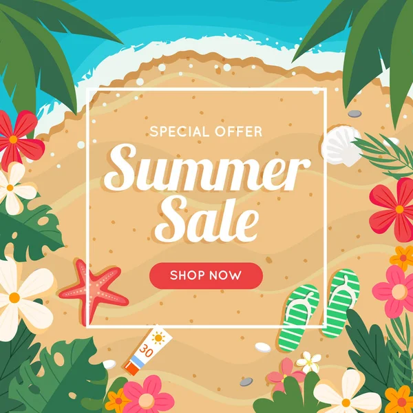 Summer sale banner with beach and sea, floral frame. illustration in flat style — Stock Photo, Image