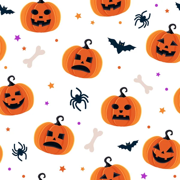 Patrón de Halloween con diferentes calabazas, gato espeluznante o linterna, arañas y murciélagos — Foto de Stock