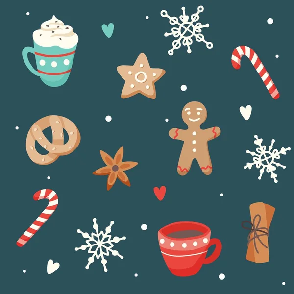 Şirin bardaklar ve zencefilli kurabiyeler ile Noel deseni, düz stil vektör illüstrasyonu — Stok Vektör