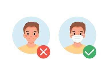 Maske gerekli. Maske takmadan giremezsin. Tıbbi maskesi olsun ya da olmasın. Düz biçimli vektör illüstrasyonu