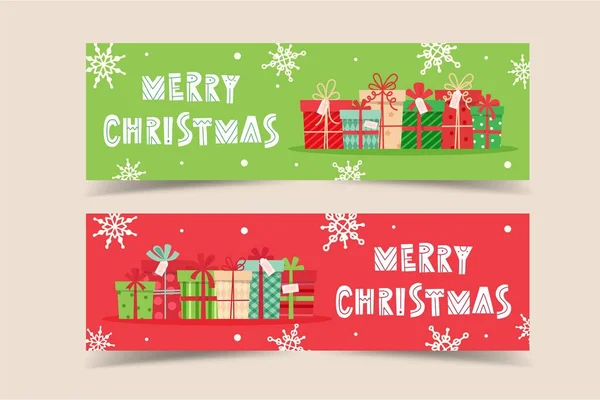 Plantilla de banner de Navidad con letras y regalos, ilustración vectorial en estilo plano — Archivo Imágenes Vectoriales
