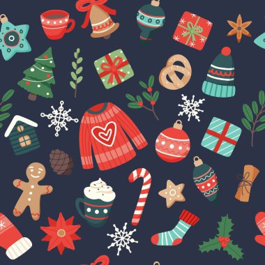 Noel deseni şirin mevsimsel elementler, düz şekilde vektör illüstrasyonu