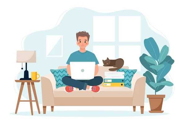 Concepto de oficina en casa, hombre trabajando desde casa sentado en un sofá, concepto de trabajo remoto — Vector de stock