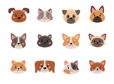 Tatlı hayvan yüz koleksiyonu, beyaz arka planda izole edilmiş.