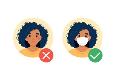 Maske gerekli. Maske takmadan giremezsin. Tıbbi maskeli ya da maskesiz siyah bir kadın. Düz biçimli vektör illüstrasyonu