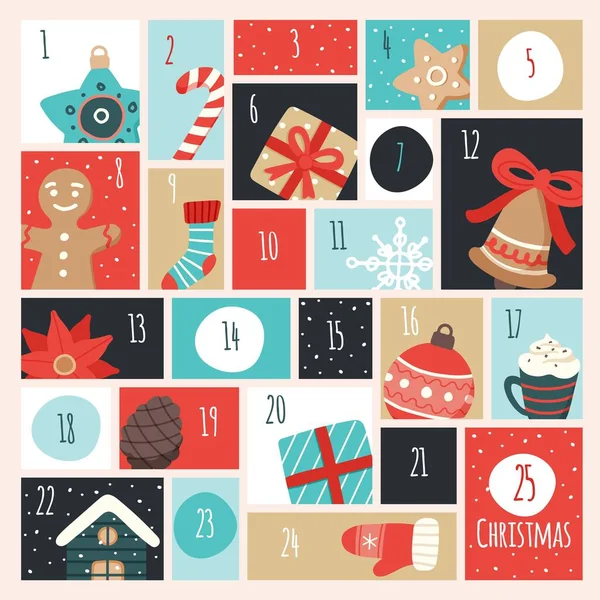 Adventní kalendář s vánočními prvky. Vektorová ilustrace v plochém stylu — Stockový vektor