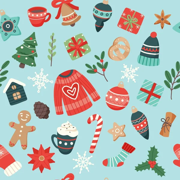 Χριστούγεννα μοτίβο χαριτωμένο εποχιακά στοιχεία, διανυσματική απεικόνιση σε επίπεδο στυλ — Διανυσματικό Αρχείο
