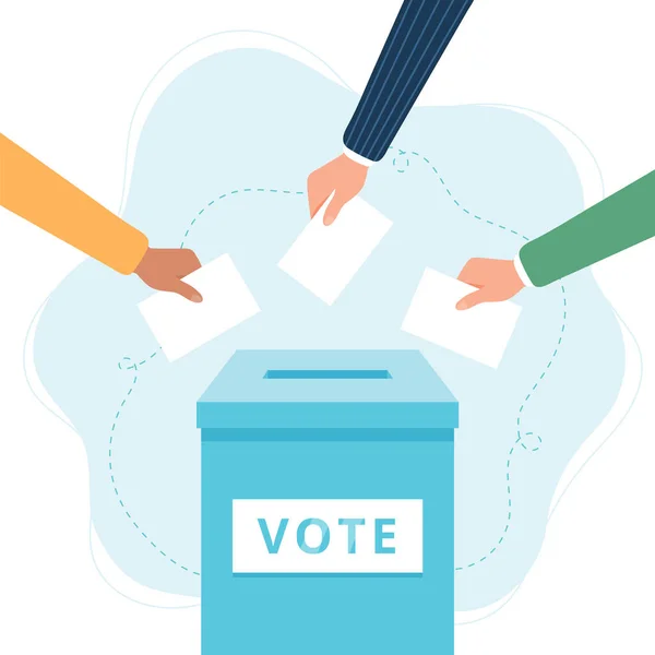 Voten las urnas. Las manos poniendo votos en la caja. Concepto electoral. — Foto de Stock