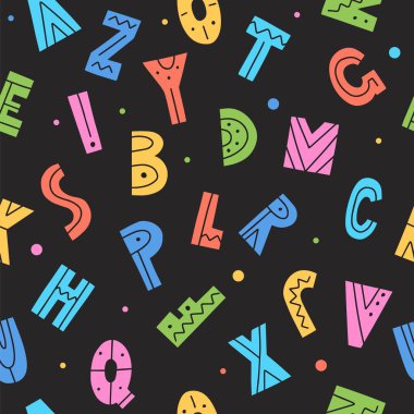 Sevimli çizgi film harfleri kusursuz desen. Renkli vektör illüstrasyonu