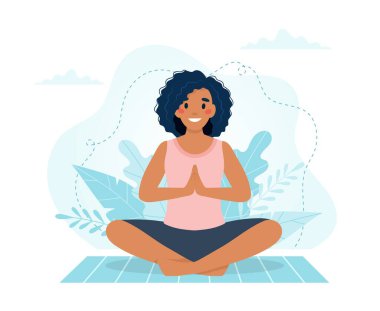 Siyahi kadın yoga yapıyor. Düz biçimli vektör illüstrasyonu