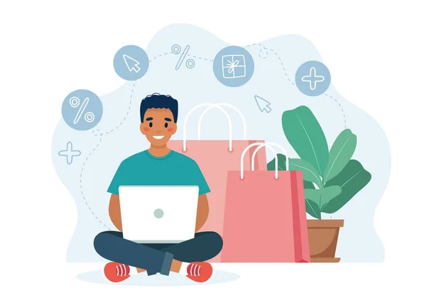 Shopping online con personaggio uomo con computer e grande schermo, concetto di vendita. — Vettoriale Stock