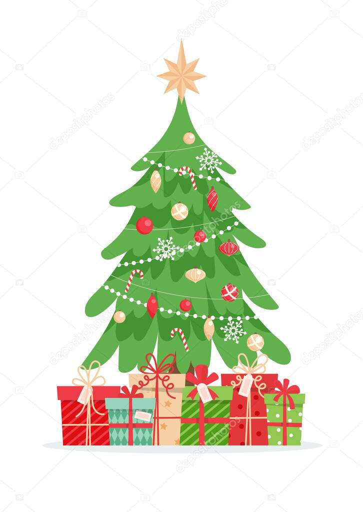 Christmas tree with gifts. Cute vector illustration in flat style