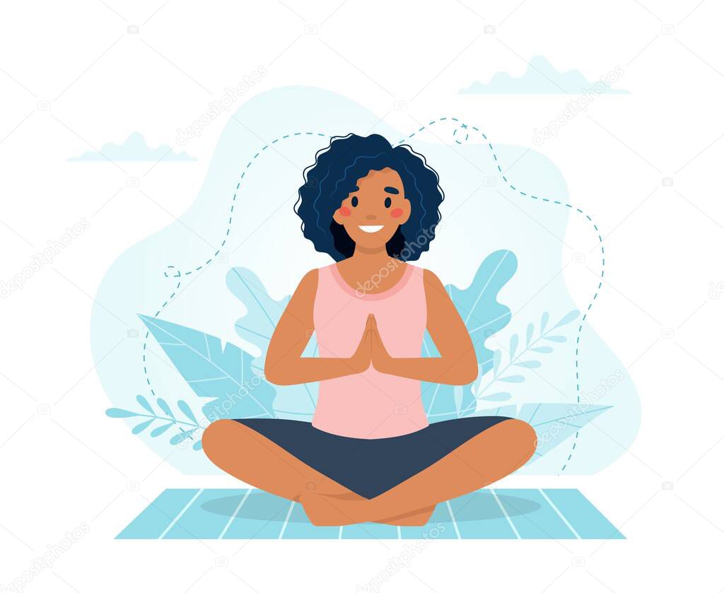 Black woman practicing yoga. Vector illustration in flat style