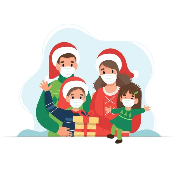 Счастливая семья на Рождество в медицинских масках. Симпатичная векторная иллюстрация в плоском стиле — стоковый вектор