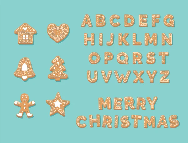 Colección de galletas de jengibre, lindo alfabeto navideño y galletas. Ilustración vectorial en estilo plano — Archivo Imágenes Vectoriales
