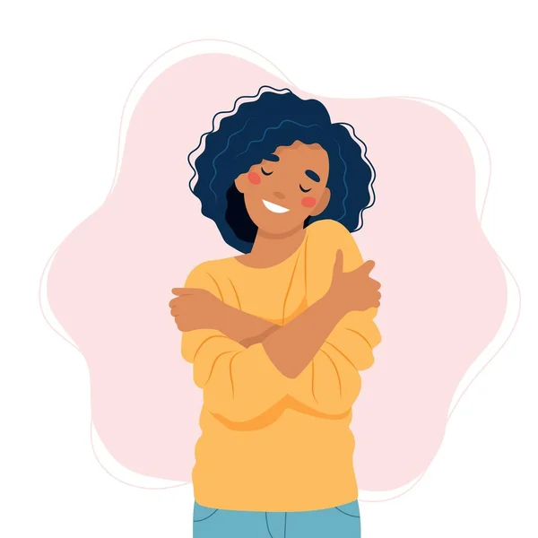 Self love concept, woman hugging herself, vector illustration in flat style — Stock Vector