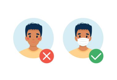 Maske gerekli. Maske takmadan giremezsin. Tıbbi maskesi olsun ya da olmasın. Düz biçimli vektör illüstrasyonu