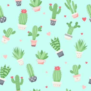 Şirin kaktüs ve sulu desen, düz stil vektör çizimi