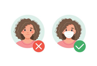 Maske gerekli. Maske takmadan giremezsin. Tıbbi maskeli ya da maskesiz bir kadın. Düz biçimli vektör illüstrasyonu
