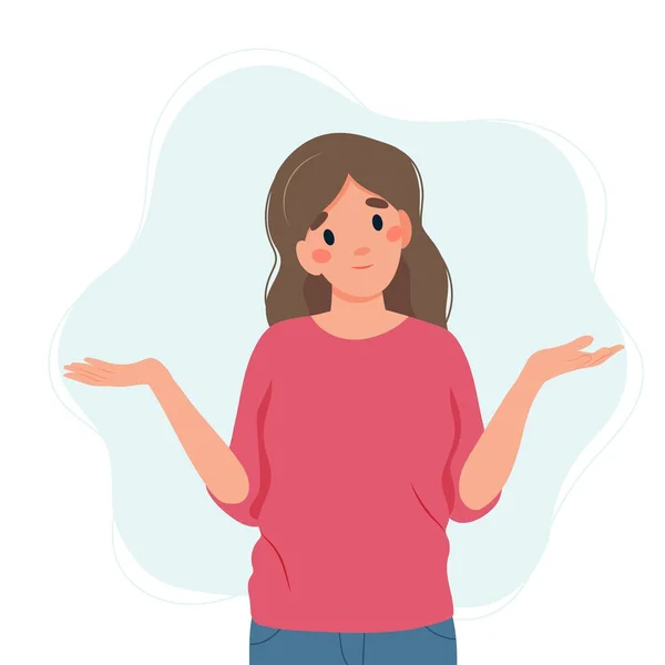 Mujer encogiéndose de hombros con una expresión curiosa, duda o pregunta, ilustración vectorial en estilo plano — Vector de stock