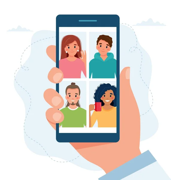 Smarphone con gruppo di persone che fanno chiamate di gruppo. Riunione online tramite videoconferenza. Illustrazione vettoriale in stile piatto — Vettoriale Stock