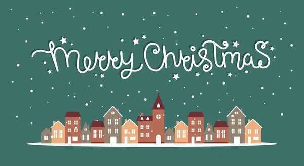 Feliz Navidad casas de invierno con nieve, lindo vector ilustración en estilo plano con letras — Archivo Imágenes Vectoriales