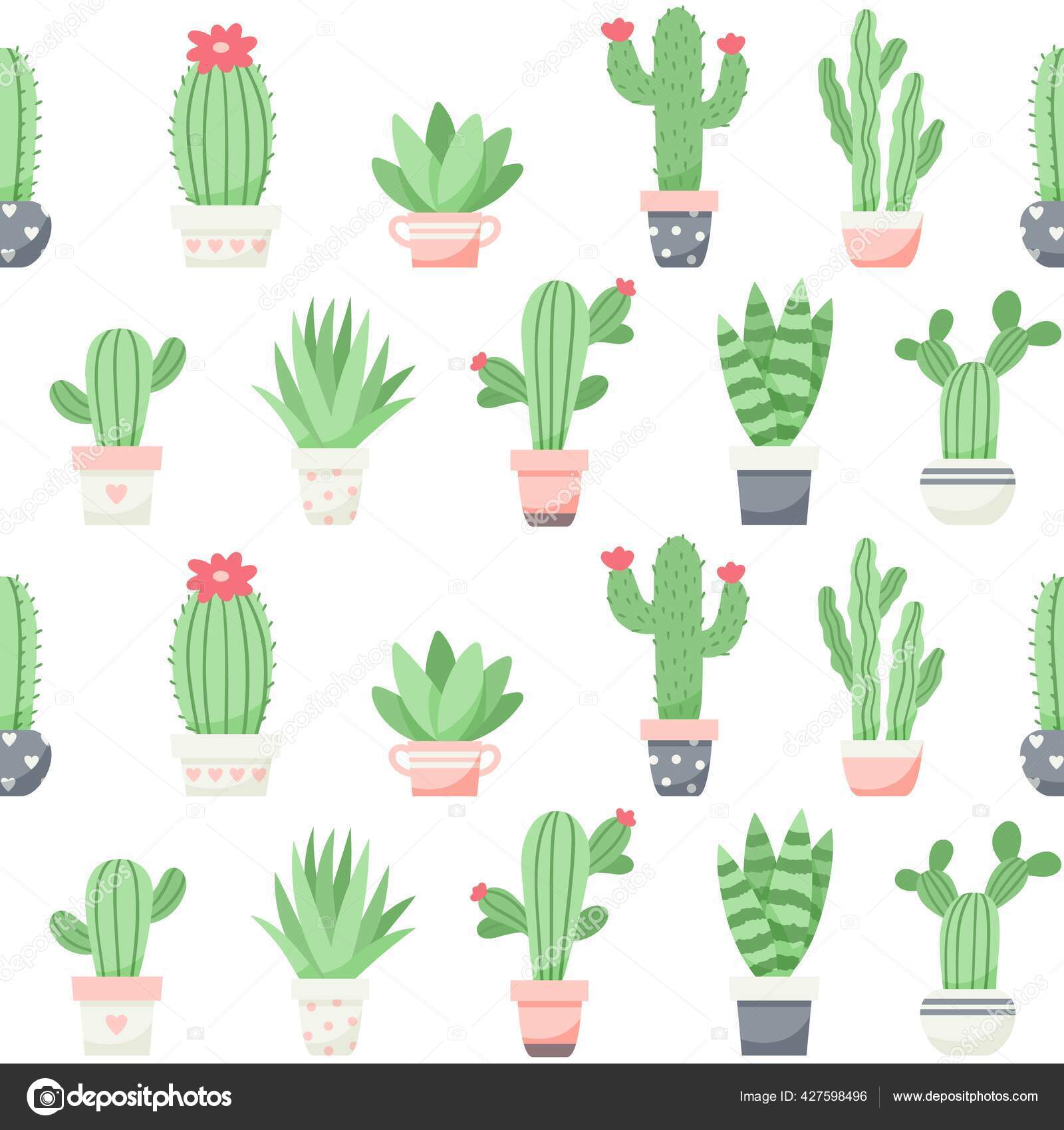 Bonito padrão perfeito com cactos em estilo cartoon para imprimir cacto  verde com flores brilhantes