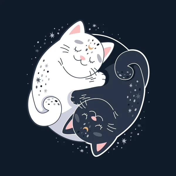 Yin Yang Katzen, niedliches kreisförmiges Design mit zwei umarmen Katzen. Vektorillustration — Stockvektor