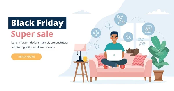 Black friday banner with man holding a laptop. Vector illustration template Vector Graphics