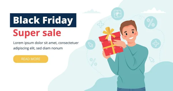 Black friday banner with man holding a gift box. Vector illustration template Royalty Free Stock Vectors