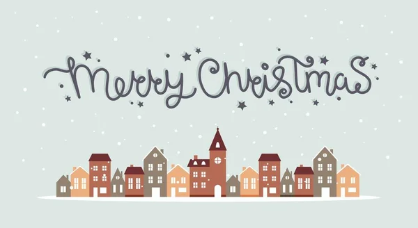 Joyeux Noël maisons d'hiver avec neige, illustration vectorielle mignonne dans un style plat avec lettrage — Image vectorielle