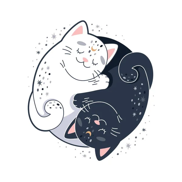 Yin Yang kedileri, sevimli dairesel tasarım ve sarılan iki kedi. Vektör illüstrasyonu