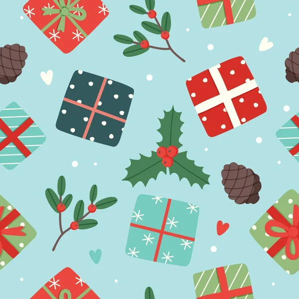 Kerst patroon schattig seizoensgebonden elementen, vector illustratie in platte stijl — Stockvector