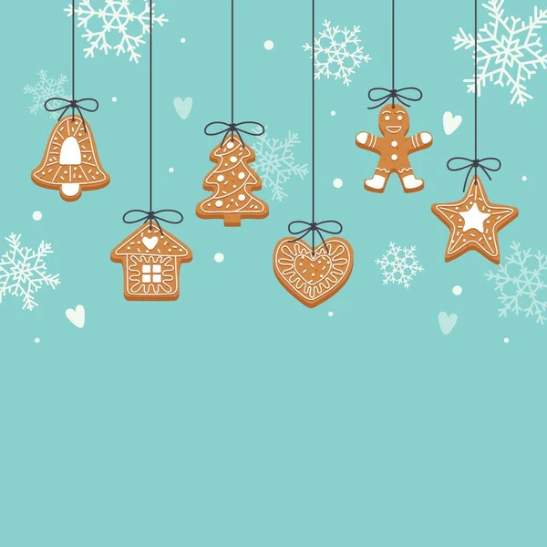 Christmas backgroung with hanging gingerbread cookies — Stock Vector