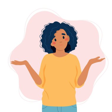 Black woman shrugging with a curious expression, doubt or question, vector illustration in flat style clipart
