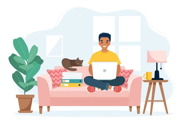 Concepto de oficina en casa, hombre trabajando desde casa sentado en un sofá, concepto de trabajo remoto — Vector de stock