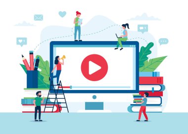 Çevrimiçi eğitim konsepti, video, kitaplar ve kalemlerle ekran. Küçük insan karakterleri.